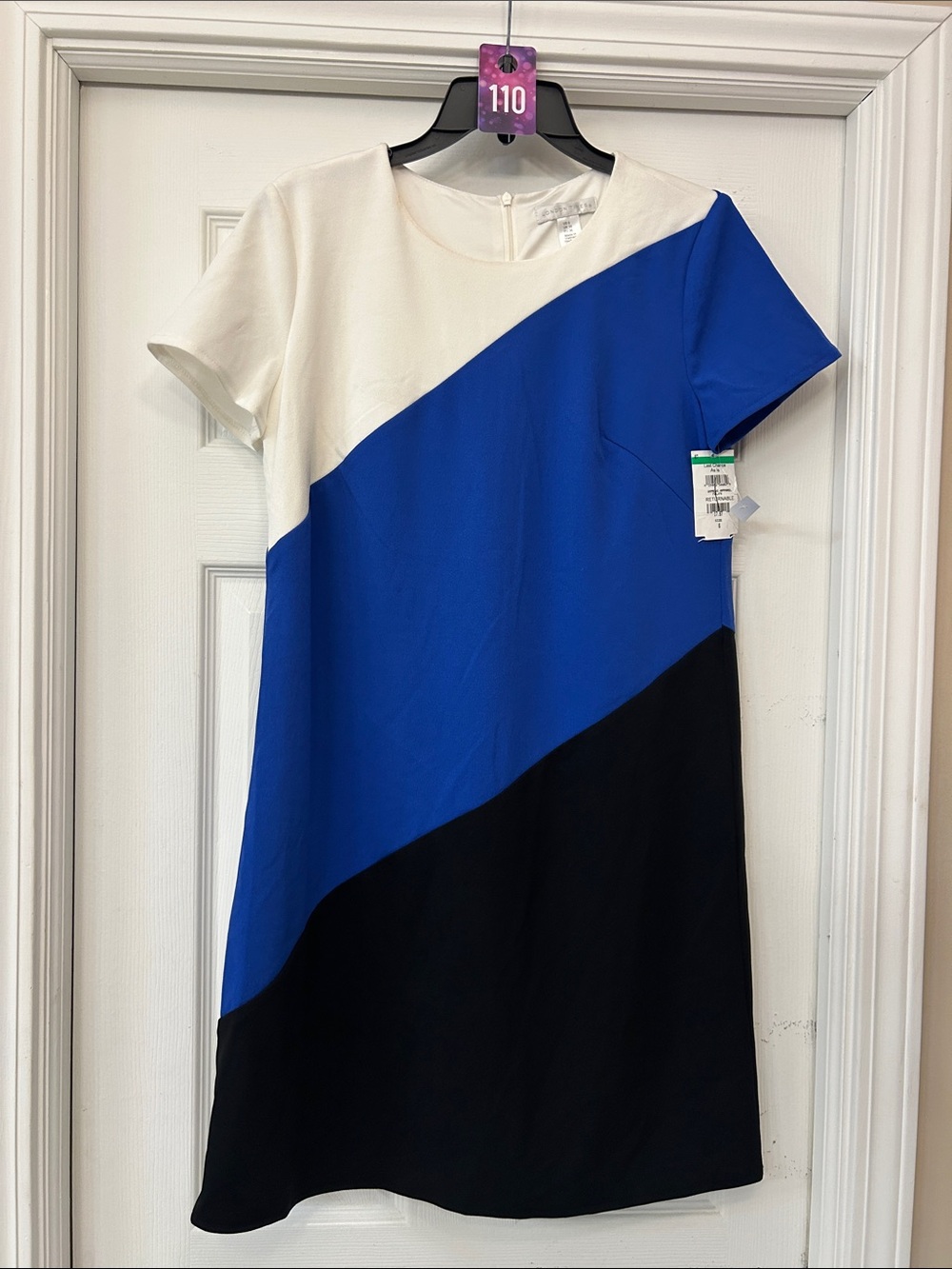 London Times Colorblock Short Sleeve Dress in White, Blue & Black